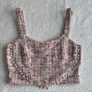 Thirty Thirty Elegant Tweed Crop Top Heart with Pearl Accents Sz M